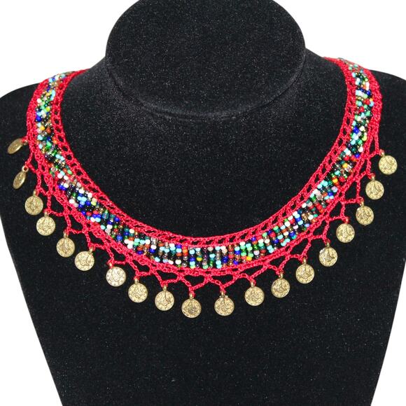 Handmade Jewelry - Handmade Turkish Red & Gold Crochet Bead Necklace